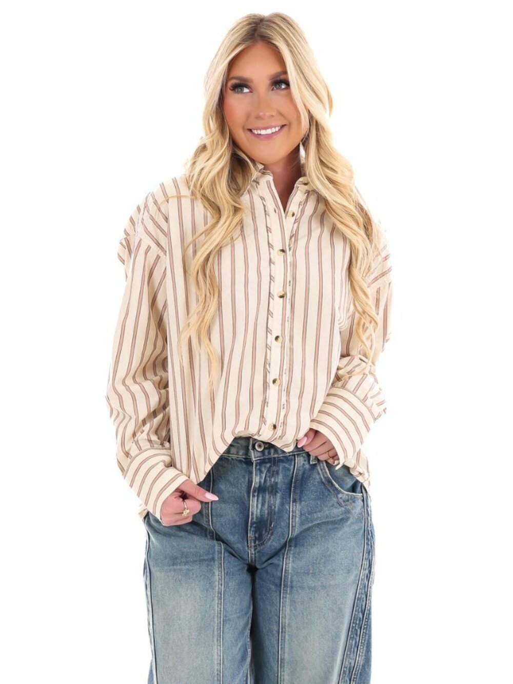 FREE PEOPLE we the free striped varsity vibes shirt in ivory combo (L)